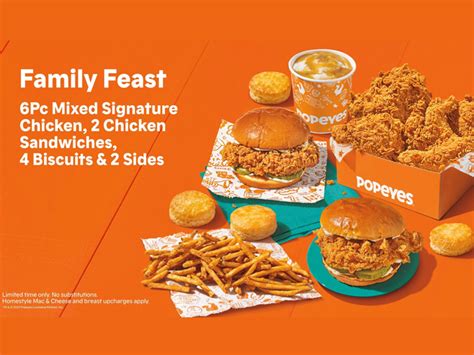 Popeyes family feast - View menu and reviews for Popeyes in Warrenton, plus popular items & reviews. Delivery or takeout! ... Family Feast. 6Pc Signature Chicken, 2 Chicken Sandwiches, 2 Large Sides & 4 Biscuits ... 2 Large Sides & 4 Biscuits. $35.99 + Big Sandwich Bundle Family Meal. 4 hand battered and breaded chicken sandwiches (classic or spicy) topped with crisp ...